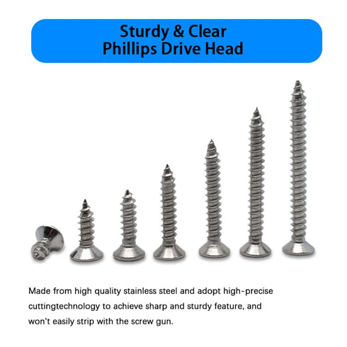 M3/M4/M5/M6 Flat Head Self Tapping Wood Screws Assortment Kit, 260Pcs Stainless Steel