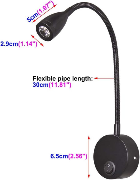 3W 3000K,Black Gooseneck LED Picture Lamp Fixture Wall Light Bedside Reading Light with On/Off Switch Flexible Pipe