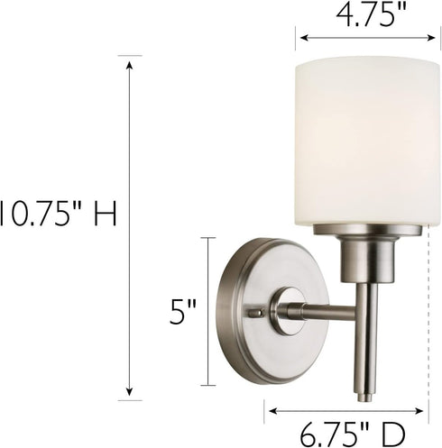 1-Light Dimmable, 556183 Design House Aubrey Wall Sconce, Satin Nickel Finish, Frosted Glass Shade, for Hallway, Foyer