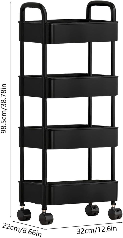 4 Tier Rolling Cart with Wheels, Black Kitchen Cart, Bathroom Carts with Handle, Bedroom Storage Carts, Plastic Storage