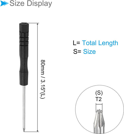 Mini Torx Screwdriver, T2 Size 80mm Length, Carbon Steel Small 6 Point Screwdrivers with Anti-slip Handle - (Applications: for Glasses, Watch or Laptop), 2-Pieces