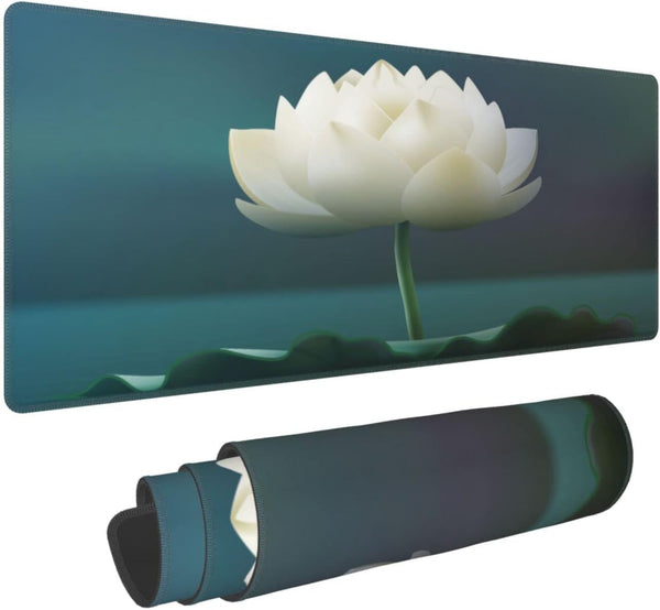 XXL Large White Lotus Flower Gaming Mouse Pad, Big Desk Mat with Stitched Edges for Computer, Laptop, Office, 31.5'' x