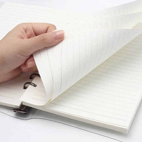 Clear A5 Refillable Notebook Binder - 90 Sheets Lined Paper, Black 6-Ring Soft Transparent PVC Binder Cover Protector