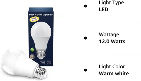 Torkase Outdoor Dusk to Dawn Light Bulbs, 12W (100W Equivalent), 3000K Warm White, E26 A19 Automatic Sensor LED Bulbs
