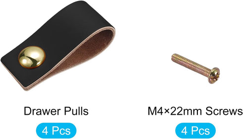 uxcell Leather Drawer Pulls, 2.5" 4Pcs Black/Gold Leather Furniture Handles with Screws for Cabinet Doors, Dressers