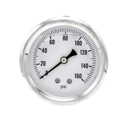 PIC Gauge S202L-254F: 2.5" Dial Pressure Gauge, 0/160 psi Range, Glycerine Filled, Stainless Steel Case, Brass Internals