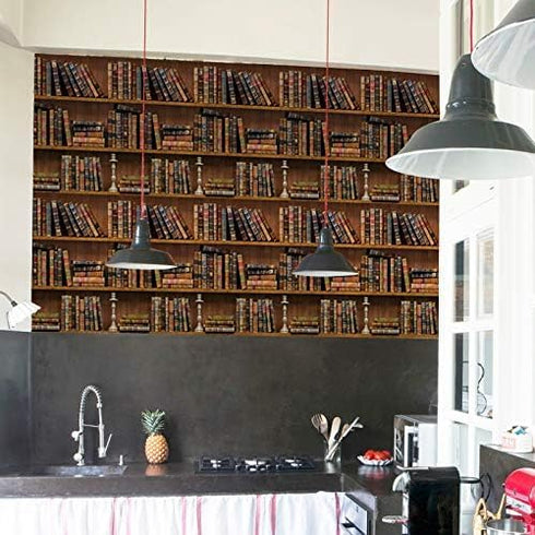 MyFun Faux Vintage Bookshelf Wallpaper Peel and Stick PVC Removable, School Library Antique Bookcase DIY Wall Sticker