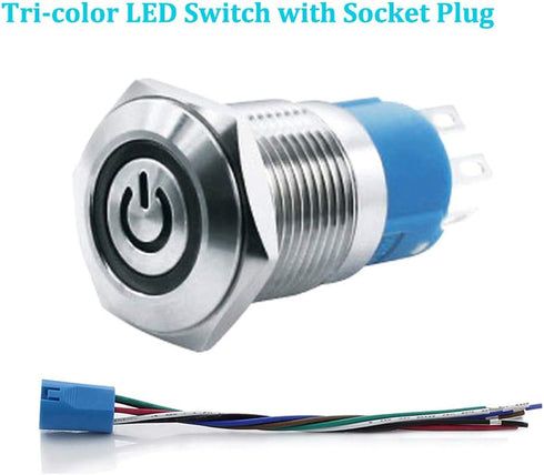 WerFamily Tri-color LED Momentary Push Button Switch, 16mm, 1NO 1NC SPDT ON/OFF Waterproof with Wire Socket Plug