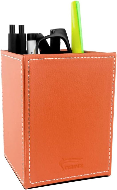 Pen Pencil Holder Cup Container PU Leather Desk Organizer Stand Decor Brush Scissor Holder Decoration Office Desk Home School (Orange, 3.54" x 3.54" x 4.72") by Fosinz