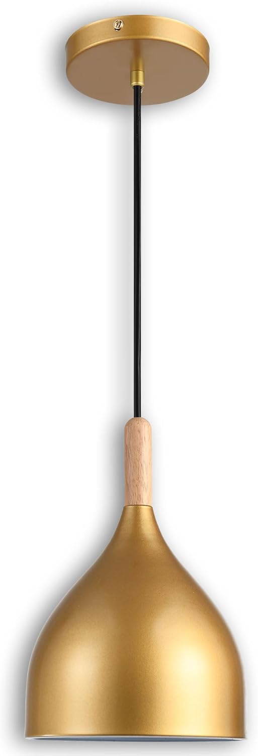 Modern Pendant Light, 6.6"x6.6"x7" Iron Hanging Fixture with Warm Oak Woodgrain, 15"-72"
