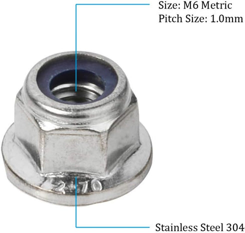 M6-1.0 Flange Nylon Insert Lock Nuts - Flanged Locknuts, Stainless Steel 18-8, 25 PCS