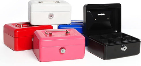 Jssmst Small Lock Cash Box with Money Tray, Metal Lock Box for Kids, Black, 5.91 x 4.72 x 2.95 inches