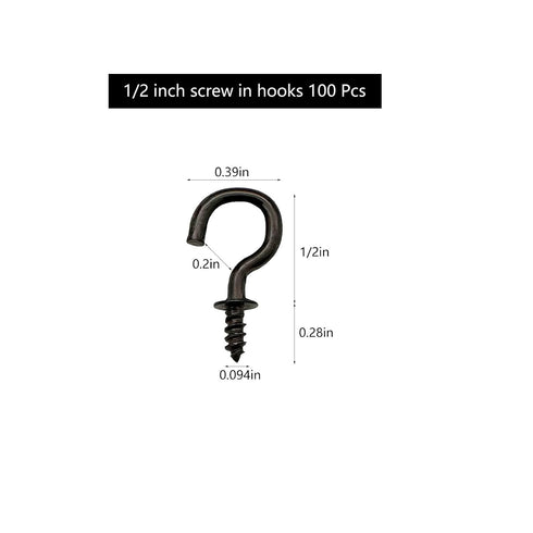 100 Pcs 1/2" Small Screw Hooks, Black Screw in Ceiling Jewelry Hooks for String Lights