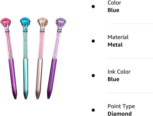 Diamond Pens Pack of 4, Cute Retractable Ballpoint Pens with Rhinestones, Crystal Bling, Blue Gel Ink for Women Gifts