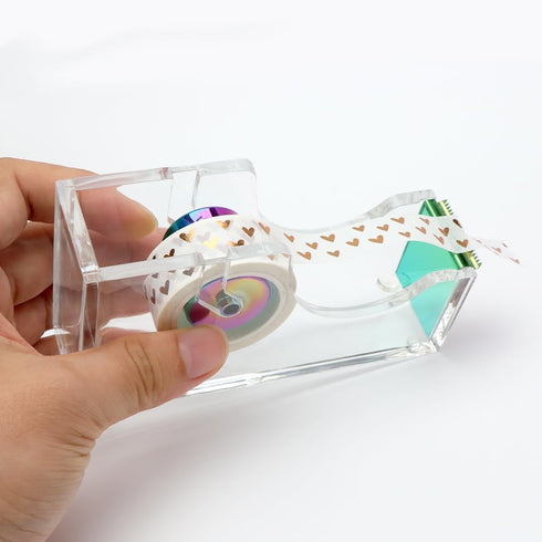 Rainbow Tape Dispenser - Clear Acrylic Holder for Office, School, Home Stationery Supplies (Clear & Rainbow Tone)