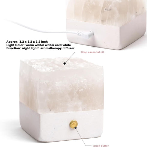 (1 Nature Crystal Passive Diffuser with Light Stone Essential Oil Diffuser Hand Carved Selenite Stone Night Light