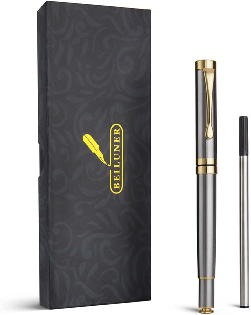 BEILUNER Silver Chrome Ballpoint Pen with Golden Trim, Best Gift Set for Men & Women, 0.5mm Extra Black Refill