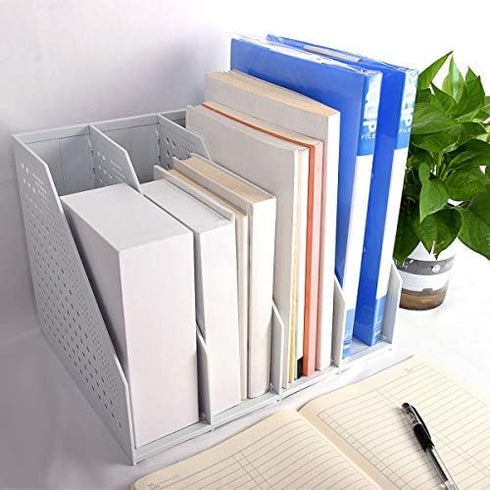 SAYEEC Collapsible Magazine Holder, 4 Compartment Plastic Desktop Organizer for Office, Home, School, Gray