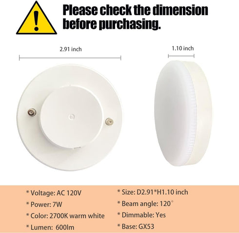 KAKEMONO Dimmable GX53 Bulb 7W, 2700K, 50W 120V Pack 4 LED Light Warm White Halogen Replacement for Under Cabinet