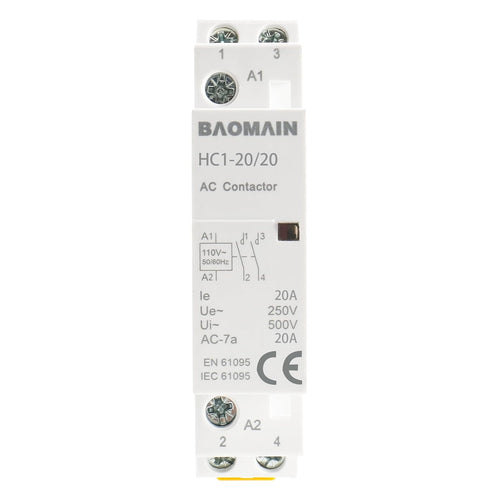 Baomain AC Contactor HC1-20/20, 110V 20A 2 Pole 2NO, Universal Circuit Control DIN Rail Mount