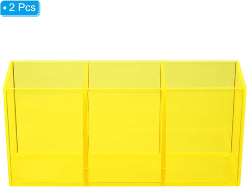 PATIKIL 3 Compartments Clear Acrylic Pen Holder, 2 Pack Pencil Organizer for Countertop Desk, Yellow