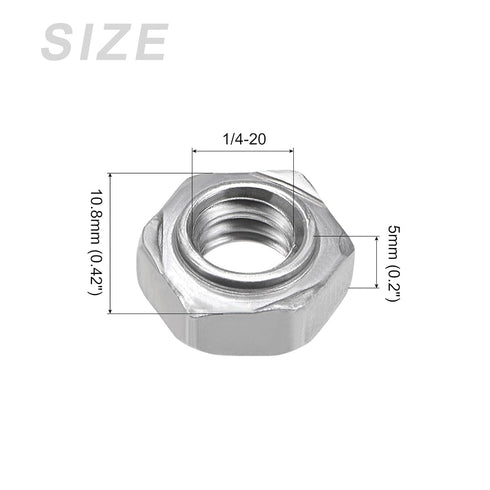 Hex Weld Nuts Steel (1/4-20 Thread Size) 10Pcs, Carbon Steel Hexagonal Nuts for Machinery Industry, Home Furniture