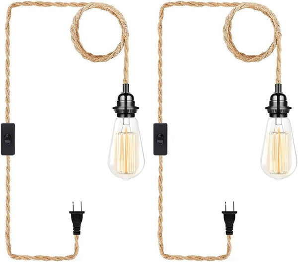 CAFULAM Industrial Hanging Light with Plug in Cord - Hemp Rope On/Off Switch,