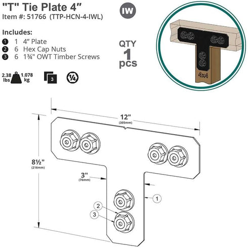 OZCO Building Products 51766 Ironwood T Connectors w/Hex Cap Nuts (4") - 1 pc Tie Plates, Black
