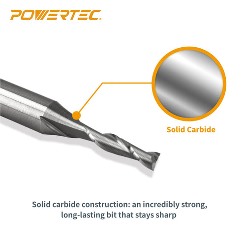 POWERTEC Solid Carbide Up Cut 1/8" Spiral Router Bit, 1/4" Shank Woodworking Router Bits for CNC and Router