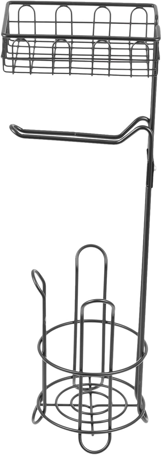 Freestanding Black Iron Bathroom Toilet Paper Holder with Storage Rack and Hollow