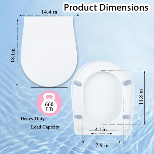 MinSha 17 14 inches, D-shaped/U-shaped toilet seat, x soft close silent cover, heavy-duty PP material, quick release