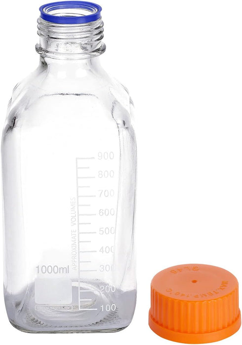 4 Pack 1000 mL Graduated Square Glass Bottle with GL45 Orange Polypropylene Screw Cap