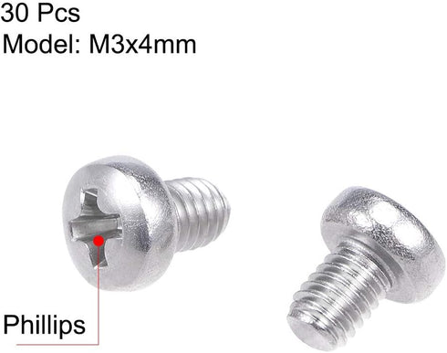 uxcell M3x4mm Machine Screws, 30Pcs Pan Phillips Cross Head Screw, 304 Stainless Steel Fasteners