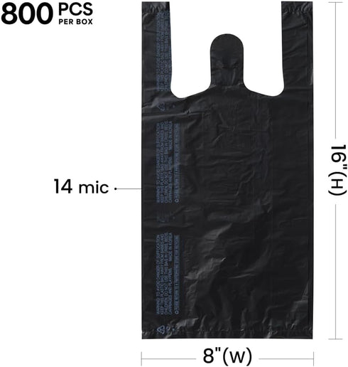 Platree (800 Count) 8" 4" 16", 14 (0.55 Small Black Plastic Embossed T-Shirt Bags, X X mic Mil), Retail Plastic, Bulk