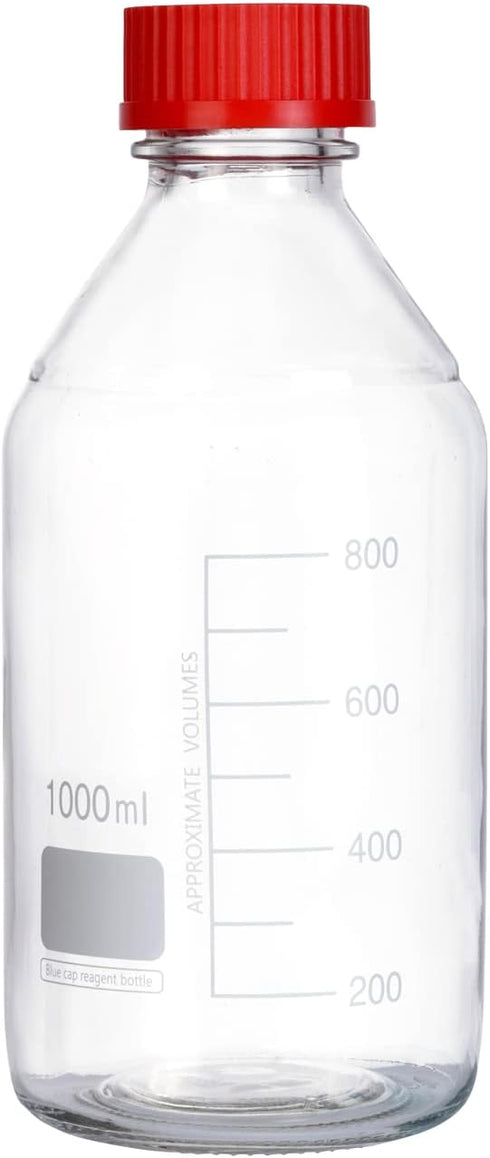 4 Pieces 1000 mL Graduated Round Reagent Media Bottles with GL45 Red Screw Cap