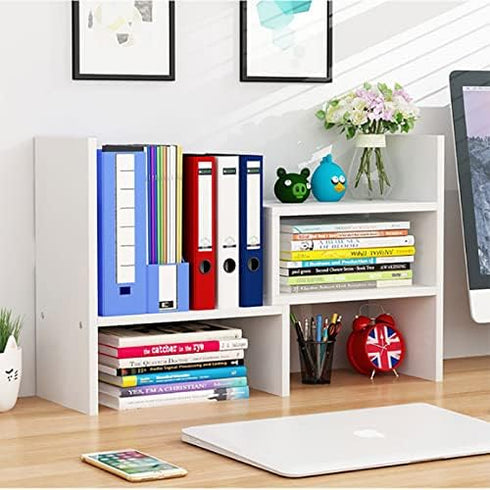 infini Desktop Bookshelf, White Wooden Adjustable Display Shelf for Office Storage, Multifunctional Small Bookshelf