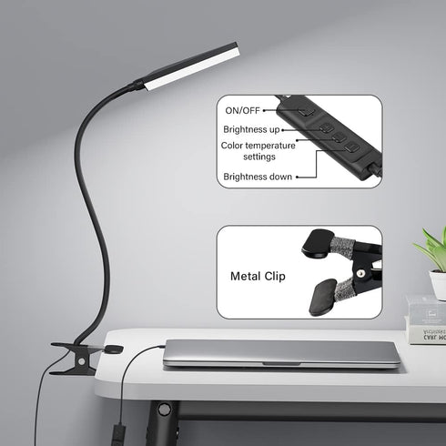 LED Desk Lamp with Clamp for Home Office, Dimmable Clip-On Light with USB Port, 3 Color Modes, Flexible Gooseneck
