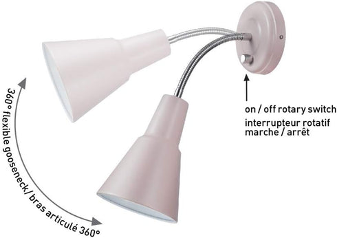 13064 1-Light 6ft Bulb Globe Electric Sophie Plug-in or Hardwire Wall Sconce, Chrome Gooseneck, Matte Rose, Clear Cord