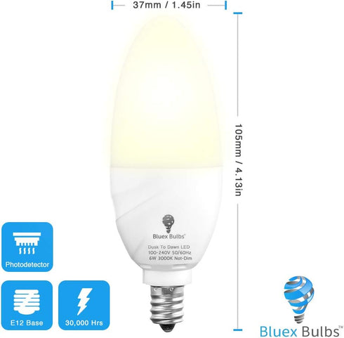 6 Pack Bulbs, 6W E12 Bulb 65W 3000K WarmLight Bulb, BlueX Dusk to Dawn LED Base Light - Equivalent White - Smart Light