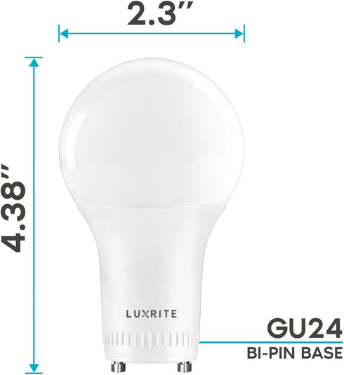 LUXRITE A19 LED GU24 Light Bulb, 60W Equivalent, 2700K Warm White, Dimmable, 800 Lumens, 4 Pack, GU24 Base
