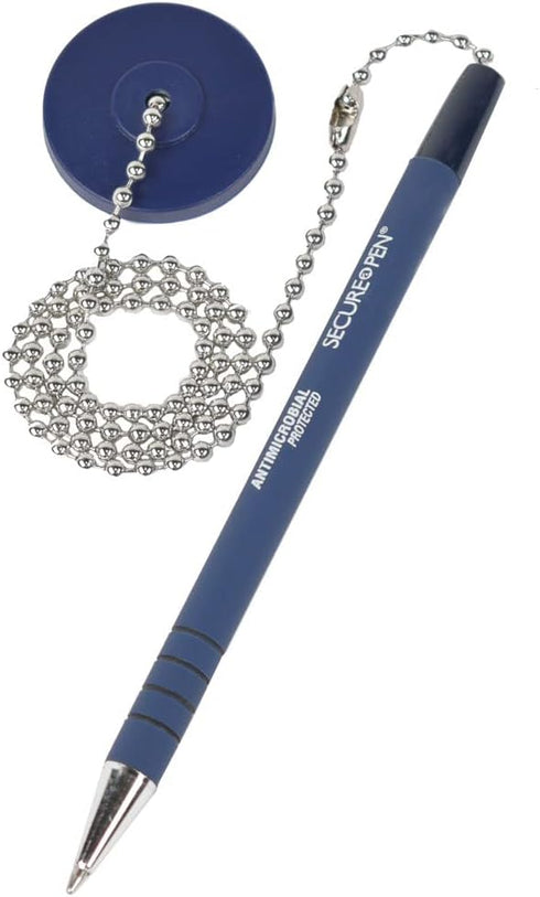 Security Pen with Adhesive Base and Chain, Blue Ink - Pack of 12 Desktop Ballpoint Pens with Medium Point