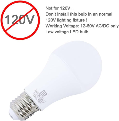 12V-60 Volt LED Light Bulb 12V Low Voltage 6W, 3000K Warm Light Color, 40W Equivalent, Regular E26 Medium Screw Base, 24V 32V 36V 48V RV LED Lamp (Not for 120V), Camping Light, Off-Grid Light 2 Pack by E ENERSYSTEC