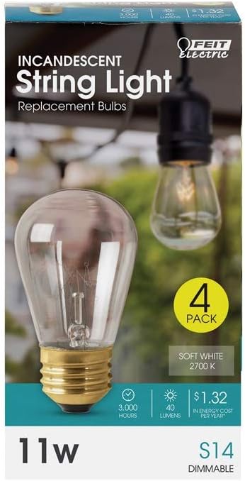 11Watt S14 2700K 40 Bulb- 4 Pack Feit Electric Lumen Incandescent String Light Replacement