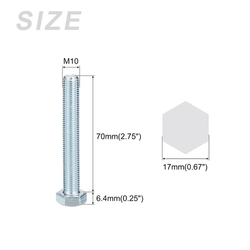 Hex Bolts (M10-1.25x70mm) 4Pcs, 8.8 Grade Carbon Steel Zinc Plated Fully Threaded Hex Head Screw Bolt for Furniture