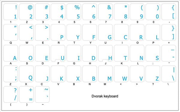 4Keyboard Dvorak Simplified Keyboard Stickers with Blue Lettering ON Transparent Background