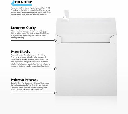 LUXPaper Square Invitation Envelopes, Bright White, 6 1/4" x 6 1/4", 70lb. Text, 250 Qty