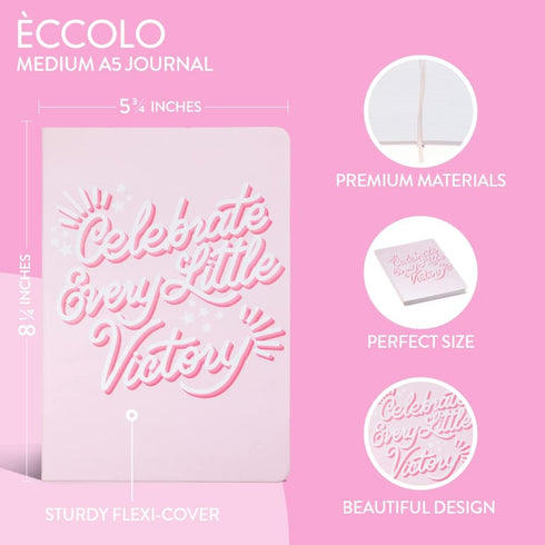 Eccolo Hey Bre Medium Lined Journal Notebook, Flexible Cover, A5 Writing Journal, 256 Ruled White Pages, Ribbon Bookmark, Lay Flat, Notebook for Work or School, Celebrate (Pink, 5.75-x-8.25 inches)