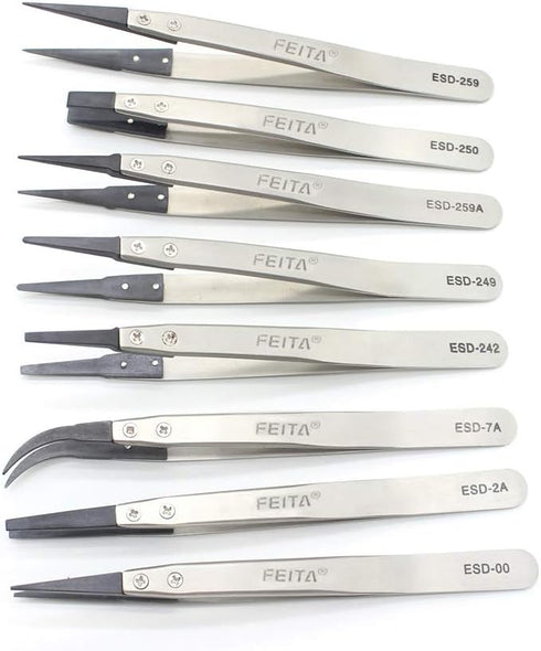 FEITA Precision Tweezer Set - Antistatic Replaceable Fiber Tip Stainless Steel ESD Tweezers, 8 Pcs
