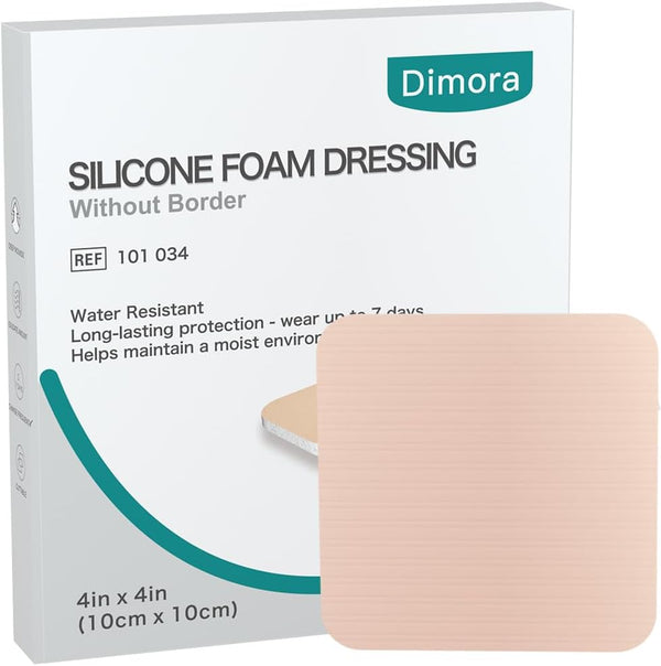 Dimora Silicone Foam Dressing Without Border 4"x 4", Highly Absorbent Adhesive Wound Bandage, 5 Pack