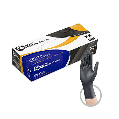 Safe Health Nitrile Black Disposable Gloves - Latex Free, Powder Free, Box of 100, XS, Textured, 3.5 mil